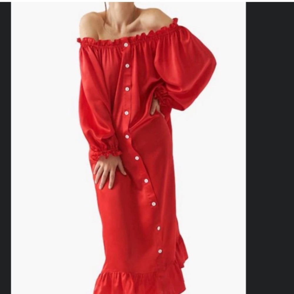 Sleeper Scarlet Off-Shoulder Buttoned Nightgown